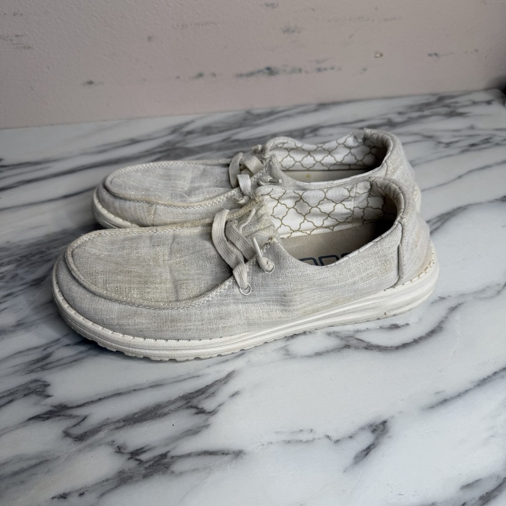 Hey Dude Wendy Sparkling Ivory White Gold Shoes Women's Size 9 Slip On Loafers